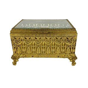 Globe 24kt Gold Plated Jewelry Trinket Box Ornate Filigree Gilt Glamour Vanity